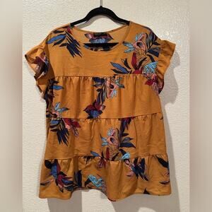 Shein Curve Tiered Floral Golden Ruffled Sleeve Blouse Sz OXL